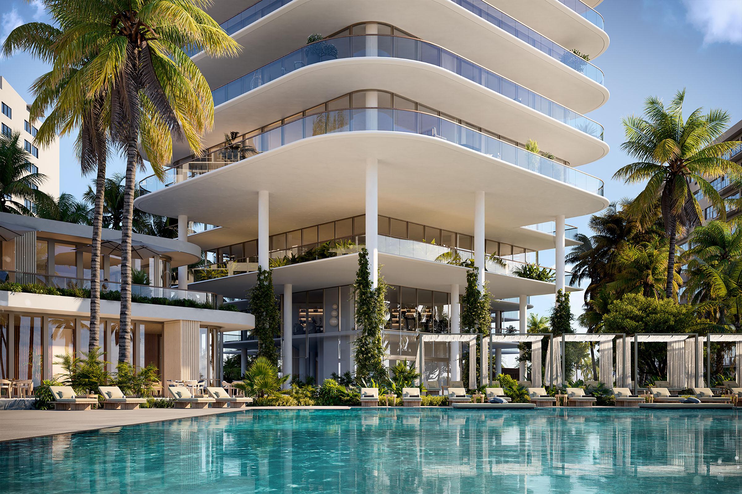 佩里贡迈阿密海滩游泳池和小屋的渲染图